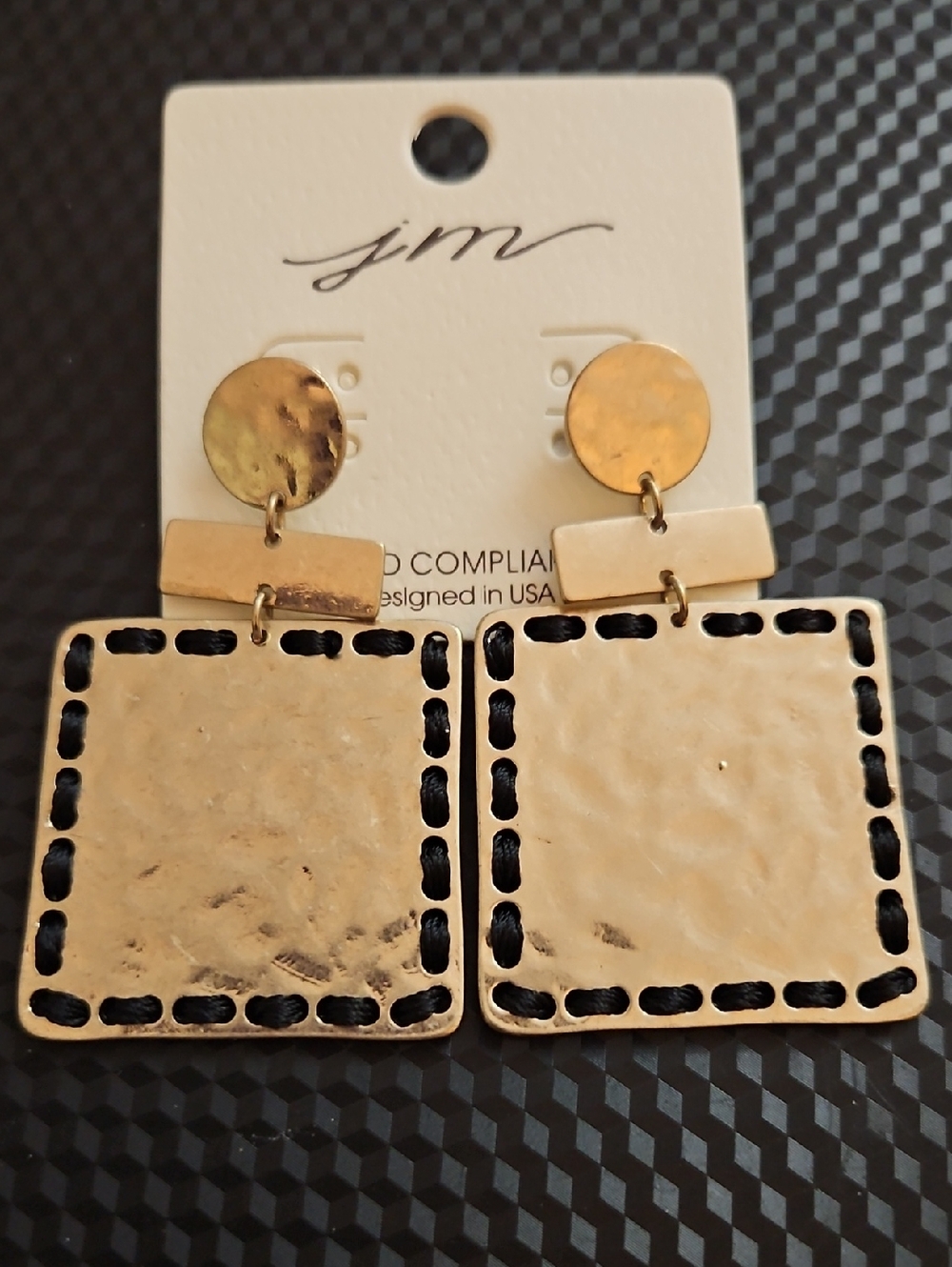 Gold Square Drop Earrings with Black Accent